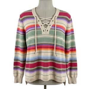Chaps Sweater Womens Size L Pink Green Beige Striped Y2K Preppy Lace Up Cotton